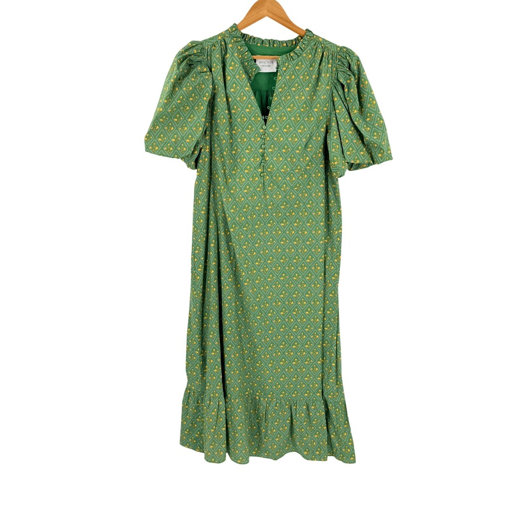 Tuckernuck Hyacinth House Midi Dress Green Floral Puff Sleeve Large Cottagecore